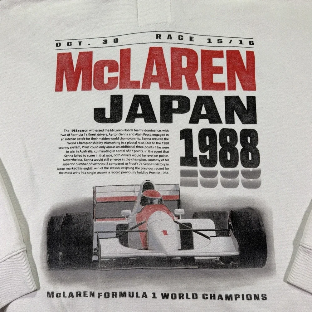 McLaren Formula 1 Hoodie Japan 1988 White Size XXL Retro Style Graphic Hollister